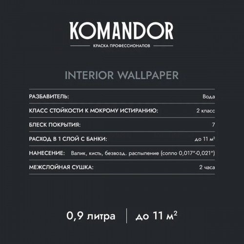 Краска для обоев KOMANDOR INTERIOR WALLPAPER база А 0.9 кг