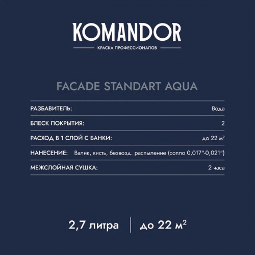 Краска фасадная атмосферостойкая KOMANDOR FACADE STANDART AQUA база С 9 кг