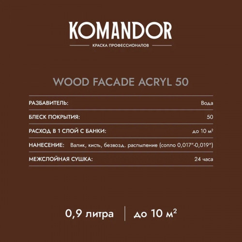 Краска по дереву KOMANDOR WOOD FACADE ACRYL 50 база А 0.9 кг