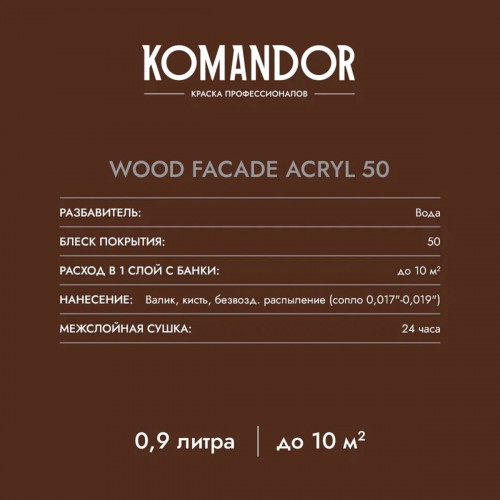 Краска по дереву KOMANDOR WOOD FACADE ACRYL 50 база С 0.9 кг