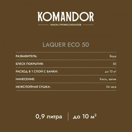 Лак для стен и потолков KOMANDOR LAQUER ECO 50 полуглянцевый 0.9 кг