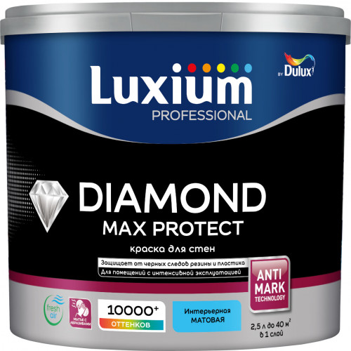 Краска для стен и потолков водно-дисперсионная Luxium Diamond Max Protect матовая база BW 2.5 л