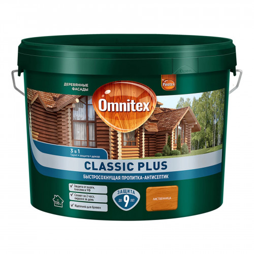 Пропитка декоративная для защиты древесины Omnitex Classic Plus 3 в 1 лиственница 9 л