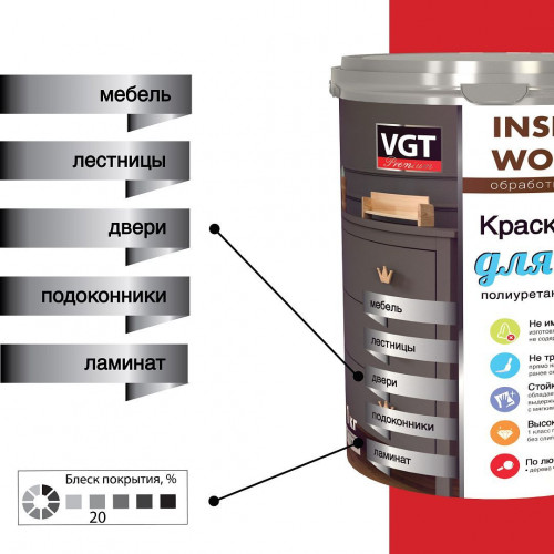 Краска для мебели полиуретановая полуматовая VGT бесцветная база С 1 кг