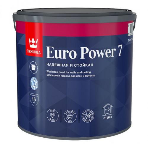 Краска моющаяся для стен и потолкa Tikkurila Euro Power 7 матовая база A 2,7 л