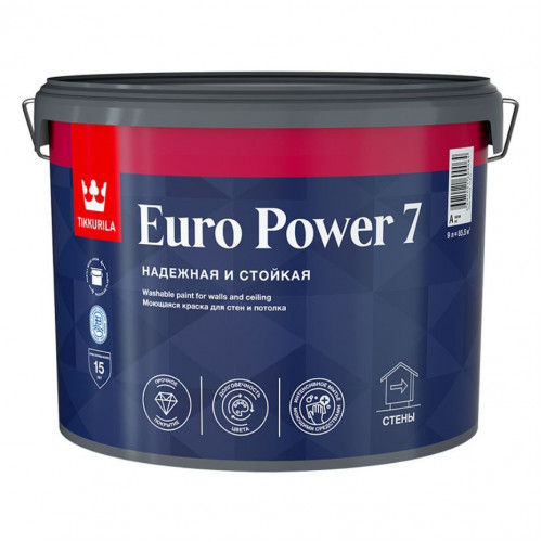 Краска моющаяся для стен и потолкa Tikkurila Euro Power 7 матовая база C 9 л