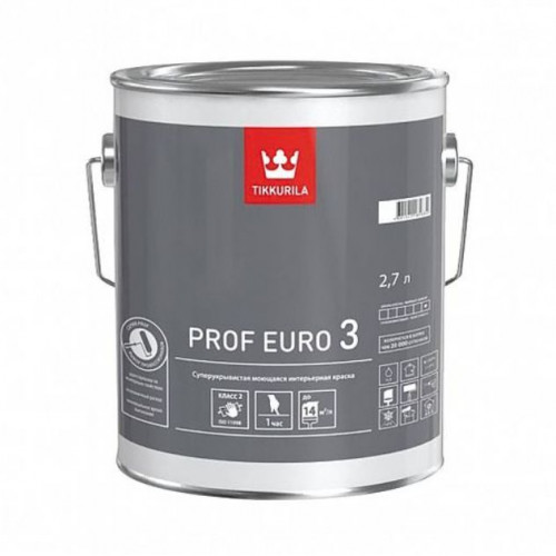 Высокоукрывистая краска интерьерная моющаяся Tikkurila Prof Euro 3 база A 2,7 л