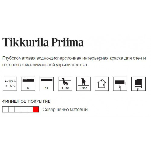 Краска интерьерная однослойная Tikkurila Priima глубокоматовая база A 9 л