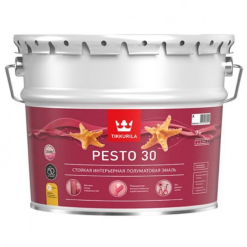 Стойкая интерьерная алкидная эмаль универсальная Tikkurila Pesto 30 полуматовая база A 9 л