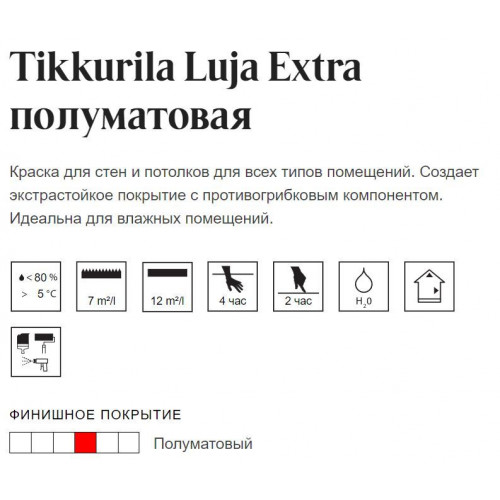 Краска антигрибковая для влажных помещений Tikkurila Luja Extra 20 полуматовая база А 9 л