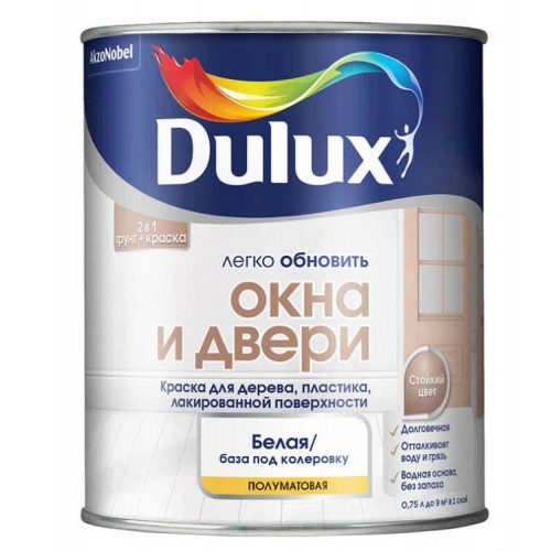 Краска для дерева и пластика водно-дисперсионная Dulux Окна и двери полуматовая База BW 0,75 л