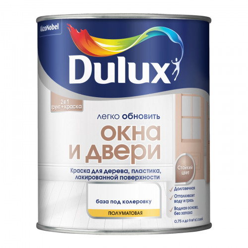 Краска для дерева и пластика водно-дисперсионная Dulux Окна и двери полуматовая база BС 0,75 л