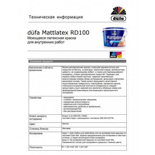 Краска для стен и потолков для влажных помещений латексная Dufa Mattlatex D100 матовая База 1 5 л