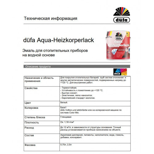 Эмаль для радиаторов водоразбавляемая Dufa Aqua-Heizkorperlack глянцевый 0,75 л