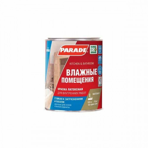 Краска латексная для кухонь и ванных комнат Parade W100 Влажные помещения База А 0,9 л