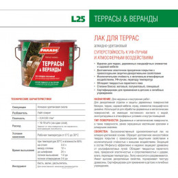 Лак алкидно-уретановый глянцевый Parade L25 Террасы и Веранды 0,75 л