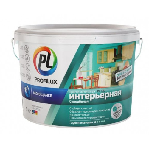 Краска для стен и потолков для влажных помещений латексная Profilux PL-13L глубокоматовая супербелая база 1 7 кг