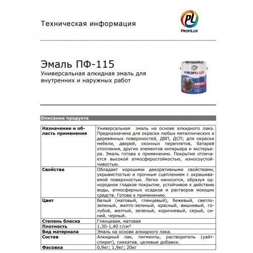 Эмаль ПФ-115 Универсальная алкидная Profilux глянцевая белая 1,9 кг