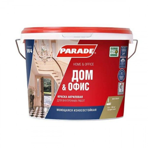 Краска акрил Parade W4 износоустойчивая Дом и Офис Бел мат 10 л Россия