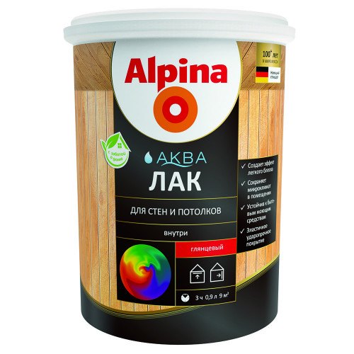 ALPINA AQUA лак акриловый для стен и потолков глянцевый колеруемый 0,9 л