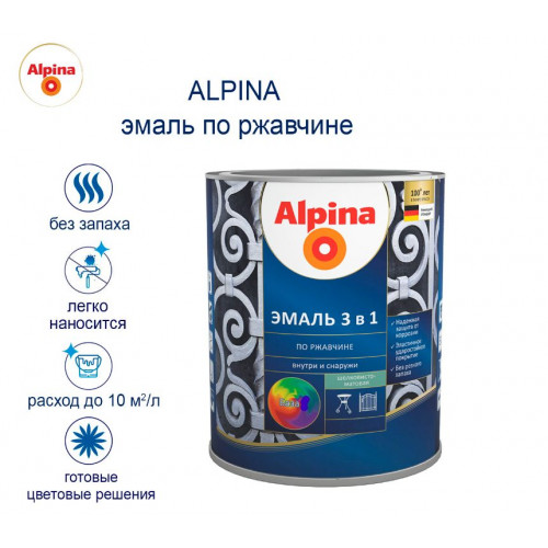 ALPINA Эмаль алкидно-уретановая по ржавчине 3 в 1 RAL 7040 серый 0,75 л