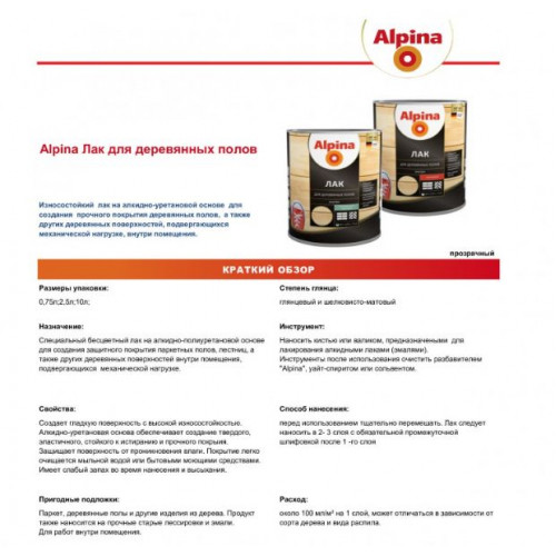 ALPINA Лак алкидно-уретановый для деревянных полов глянцевый 0,75 л