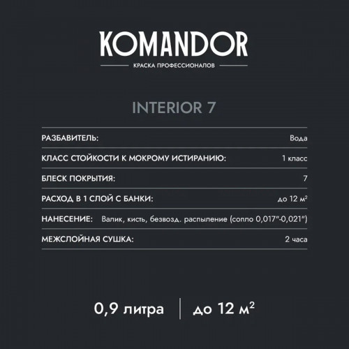 Краска для стен и потолков Komandor INTERIOR 7 база A 0.9 кг