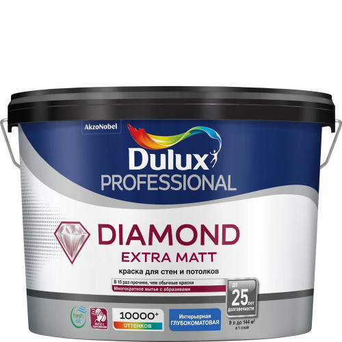 Краска для стен и потолков водно-дисперсионная Dulux Diamond Extra Matt глубокоматовая База BW 9 л